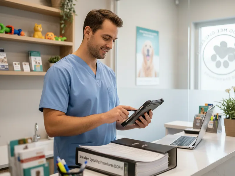 Veterinary practice staff using standardized operating procedures and performance tracking dashboard